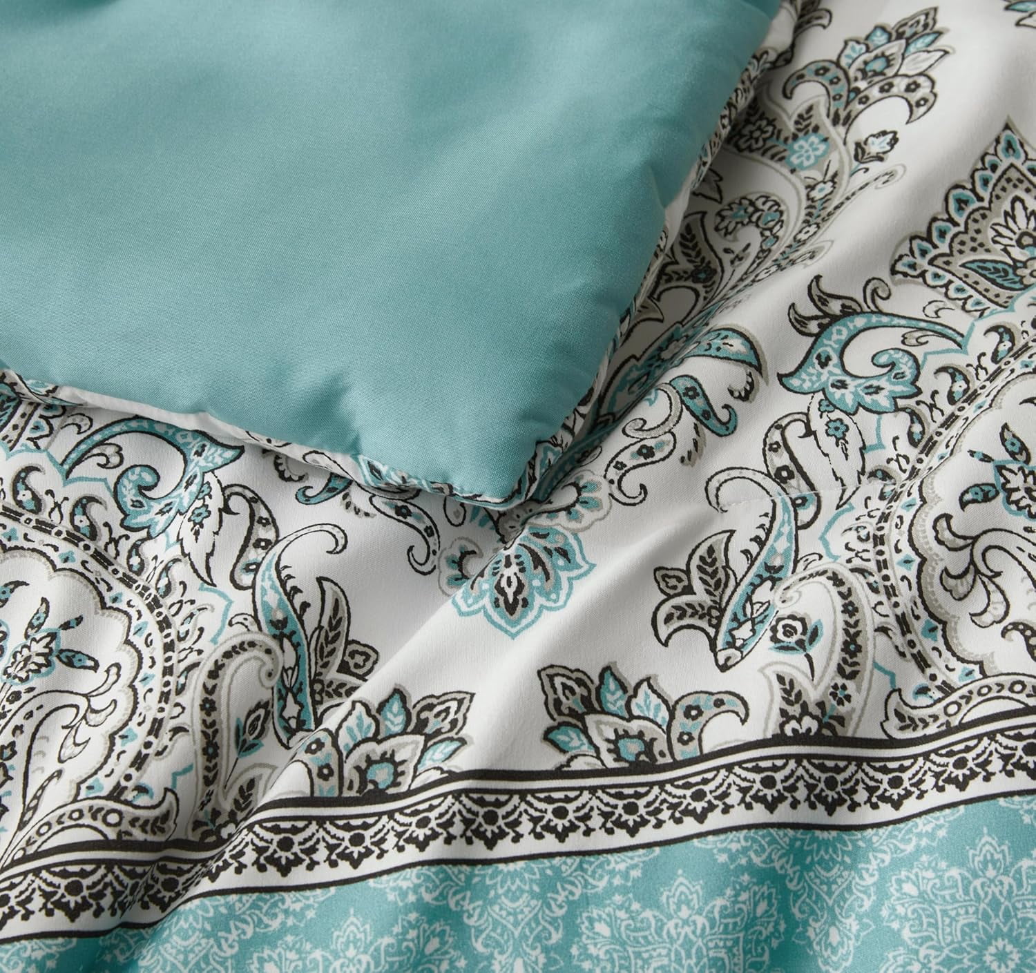 Chezmoi Collection Herald 2-Piece Printed Comforter Set, Aqua Blue Black White Boho Damask, Pre-Washed Microfiber Lightweight Bedding for All Seasons, Twin Size