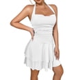 thumbnail image 4 of Women’s Halter Neck Ruched Fit and Flare Mini Dress Sleeveless Ruffle Hem Graduation Dress, 4 of 5