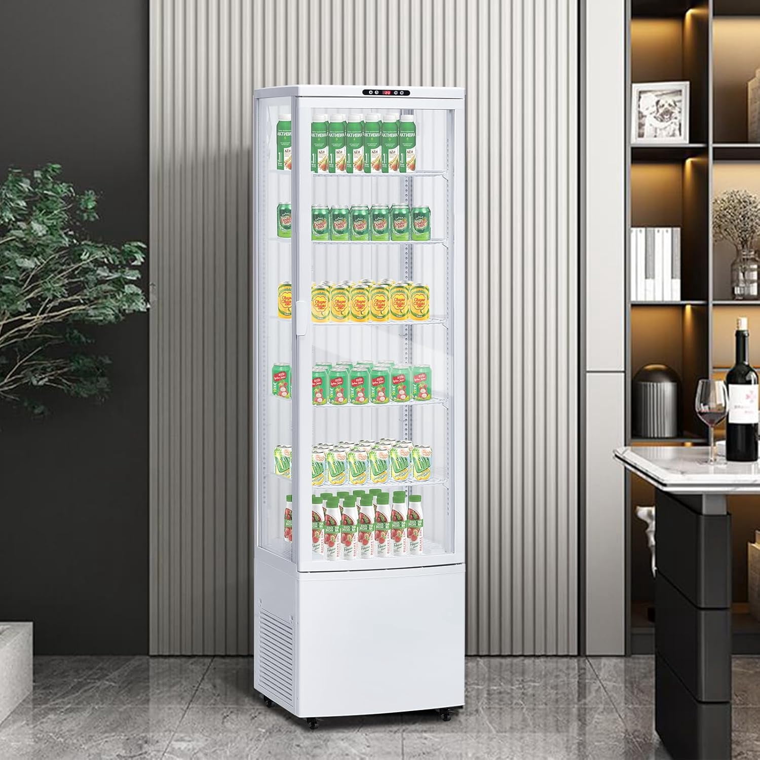 Homhougo Commercial Fridge Display Refrigerator, 10.9 Cubit Feet Beverage Cooler with Tempered Glass Door, Upright Merchandiser with 4 Castors, 5 Adjustable Shelves, Customizable Lightbox, 308L