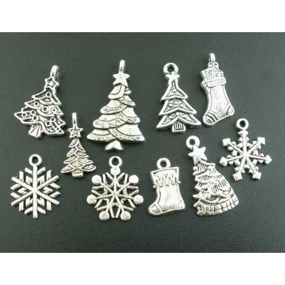BD074 - 40 pcs. Antique Silver Assortment of Christmas Charms Pendants - 17x7mm to 29x17mm