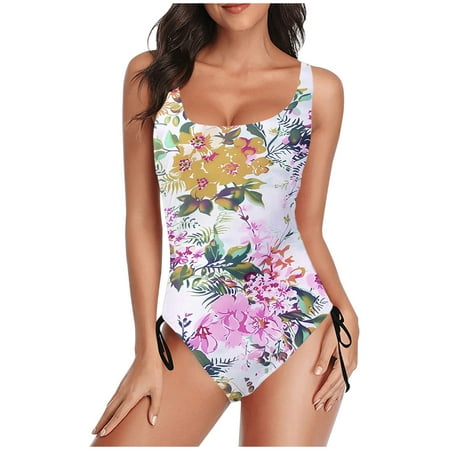 TrendVibe365 Women s Bathing Suits One Piece Bathing Suits Pink Swimsuits Thong Adjustable Shoulder Strap Floral Swimwear Beachwear XL