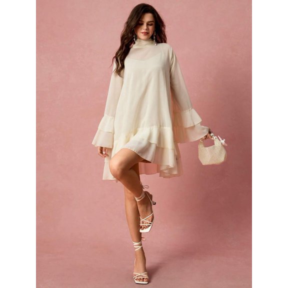 Apricot Solid Layered Stand Collar Elegant Long Sleeve Mini Dress