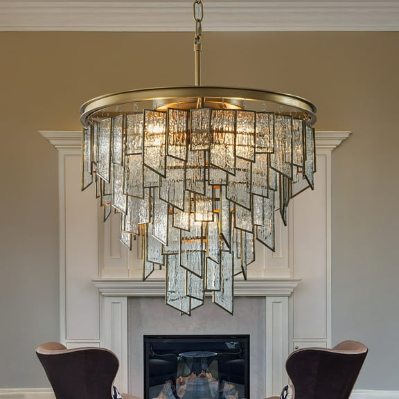 6-Light Luxury Water Ripple Glass Chandelier Pendant Light Modern Brass Frame Lighting Fixture for Dining Room Living Room and Kitchen Island