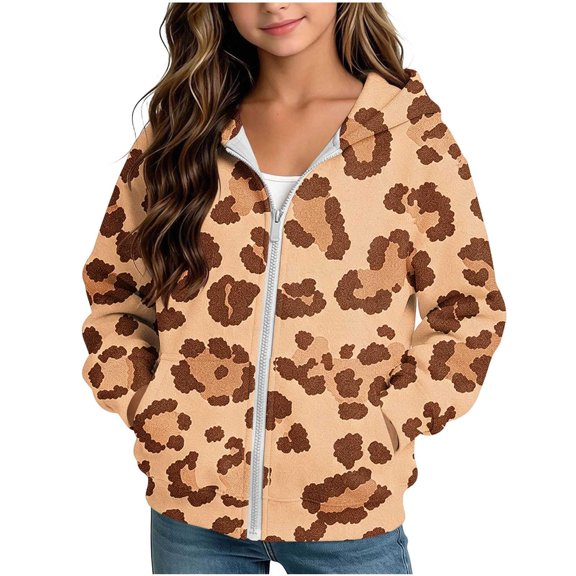 Abcomgle Leopard Print Zip Up Hoodie Girls 10/12 Cute Jackets for Teen Girls Fleece Full-Zip Hoodies for Teen Girls Fall Hooded Girls Sweaters with Pockets