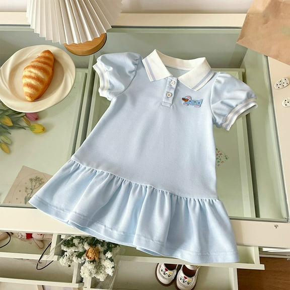 Tfken Toddler Girls Dress Cute A-Line Comfortable Solid Color Lapel Neck Blue Kids Dresses Size 3 Years-4 Years