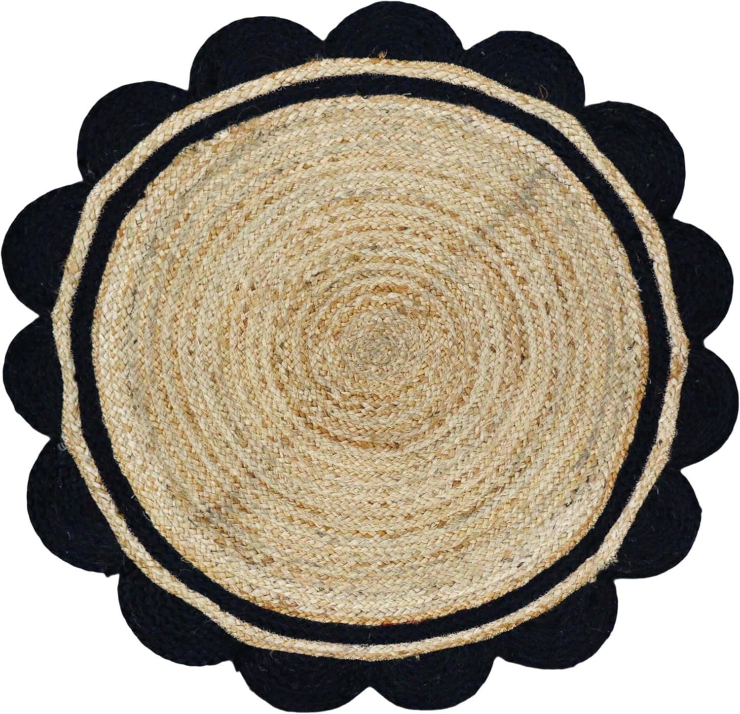 2 Ft Round Black & Natural Jute Premium Scalloped Jute Rug | Boho scalloped rug for Living Room | Bedroom | Kitchen | Hallway | Entryway