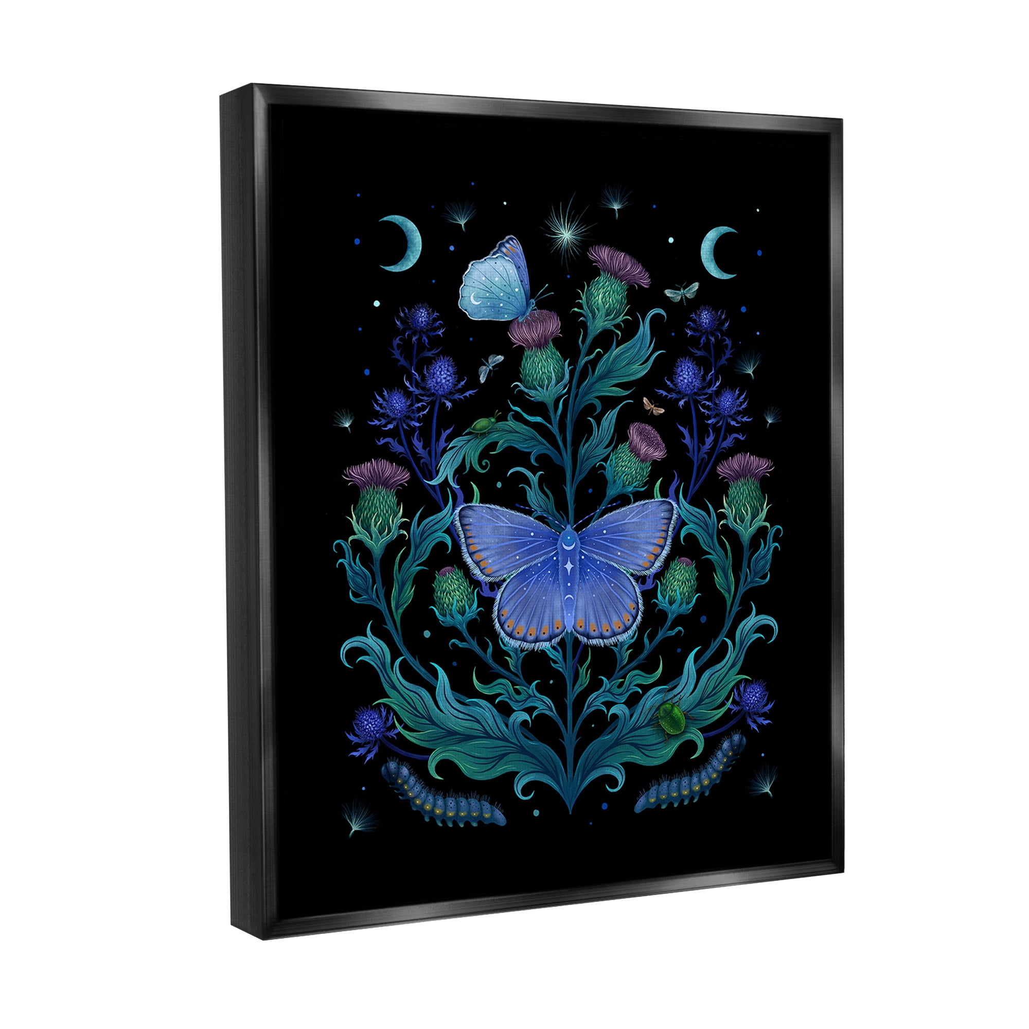 Stupell Industries Floral Night Sky Butterfly Animals & Insects Painting Black Floater Framed Canvas Art Print Wall Art, 17 x 21