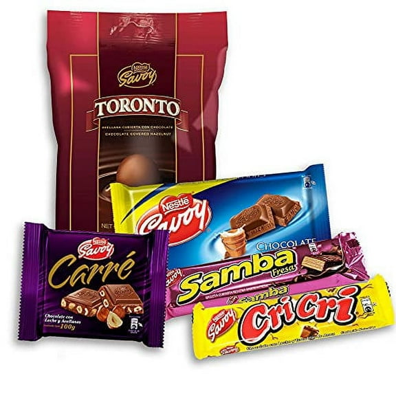 Nestle Savoy 1 Bag of Toronto Chocolate (14 units)   1 Carre Chocolate Bar   1 Cri Cri Chocolate Bar   1 Strawberry Samba Waffer   1 Milk Chocolate Bar (18 Units Total)