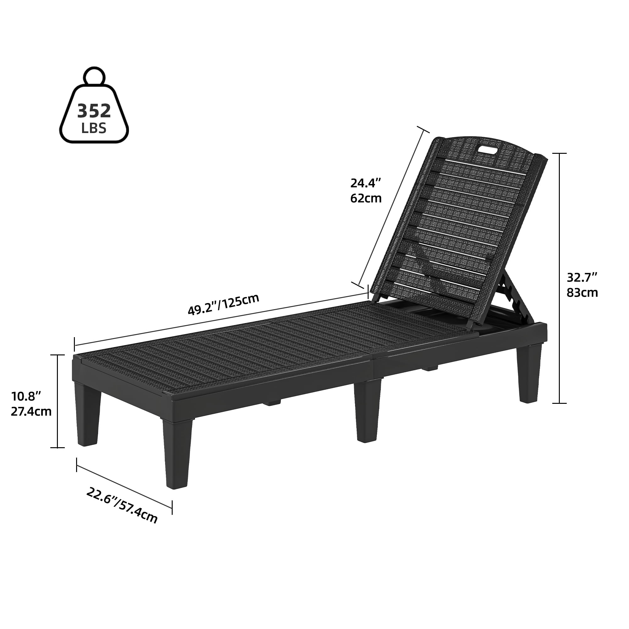 Uforic Outdoor Chaise Lounge, 5-Position Adjustable Backrest, Waterproof for Patio & Poolside, Black