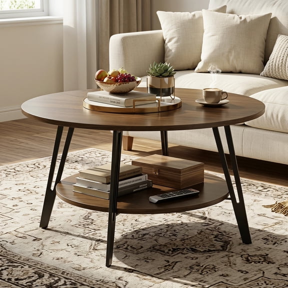 Manxile Mid-Century Modern Coffee Table, 2 Tiers Design, Round Coffee Table for Living Room,Easy to Assemble, Walnut