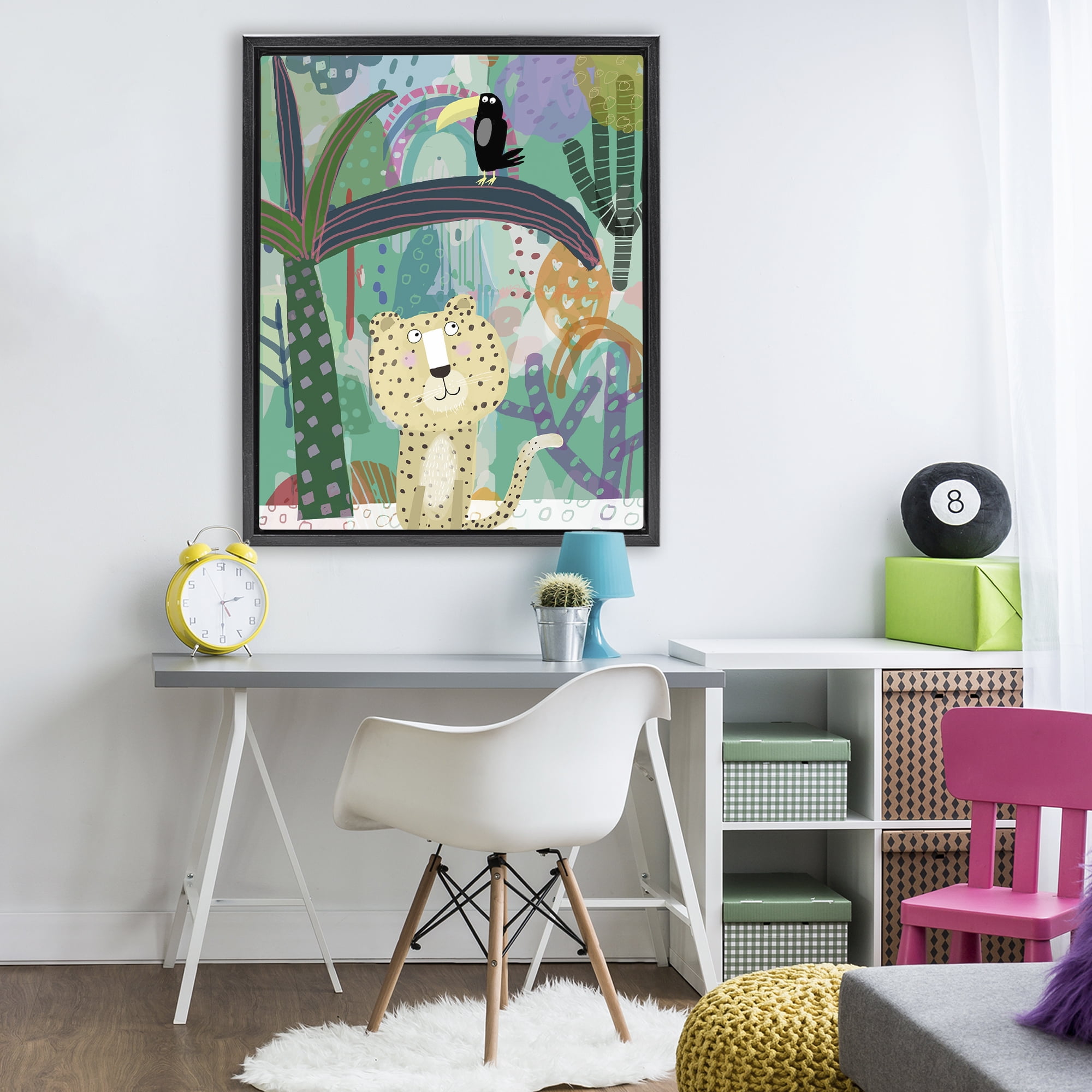 Jungle Cheetah & Toucan Black Framed Floater Canvas Wall Art, design by Carla Daly