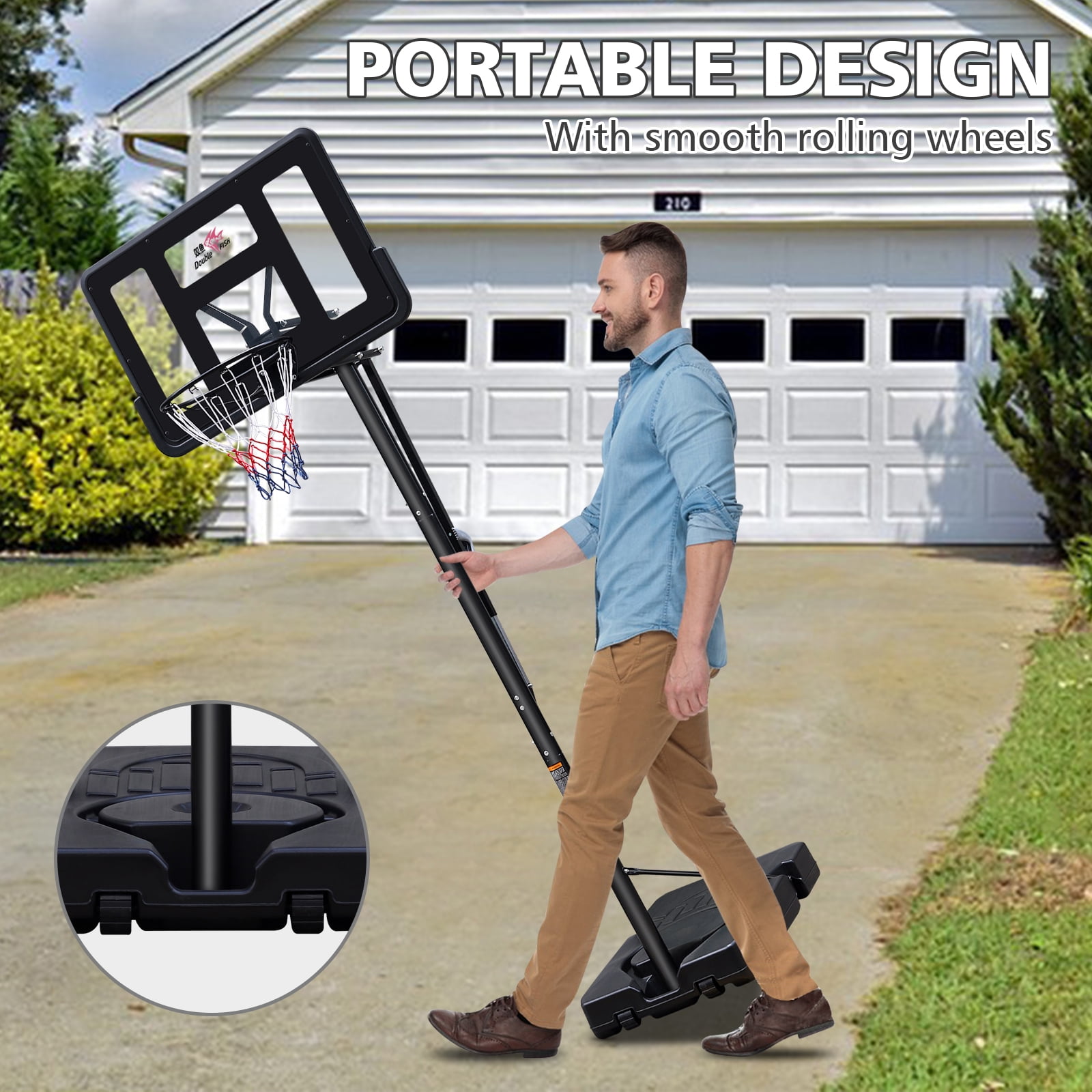 7.5-10ft Adjustable Height Outdoor Basketball Stand, Portable Basketball Stand, 44"shatter-proof Backboard, Fillable Base, 2 Portable Wheels, Suitable for Swimming Pool