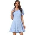 thumbnail image 1 of Vestido casual de verano Allegra K con estampado de cuadros y cuello Peter Pan Azul Claro S, 1 of 6
