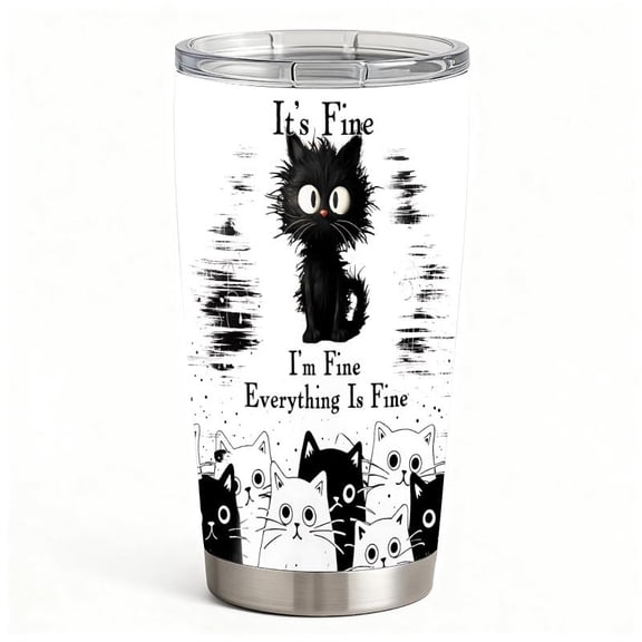 20oz Fluffy Black Cat with Many Cute Kitty Faces Stainless Steel Tumbler, Tumbler with Lid Double Wall Vacuum Insulated Travel Mug, Coffee Cups With Lids, Perfect Gifts For Birthday Holiday.