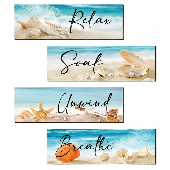 XIBUFE 4 Pcs Ocean Beach Wood Wall Art, Relax Soak Unwind Breathe Bathroom Decor with Seashell Starfish, Nautical Hanging Sign for Spa Laundry Room