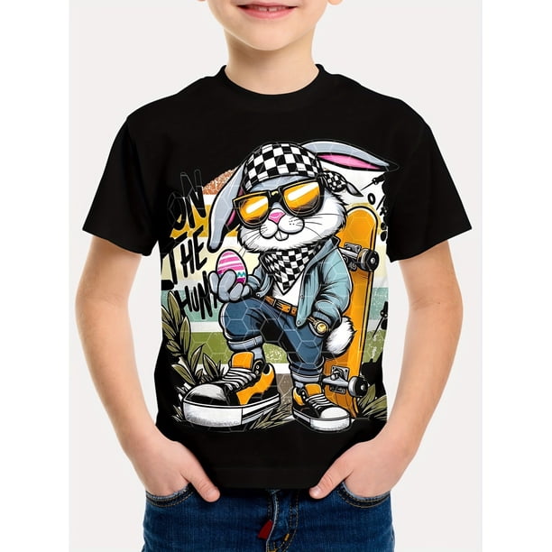 Camiseta deportiva de conejito de Pascua para niño, 100 % algodón, cuello redondo, manga corta informal de verano con estampado 3D, tejido de punto ligeramente elástico, corte regular. Ideal para ac