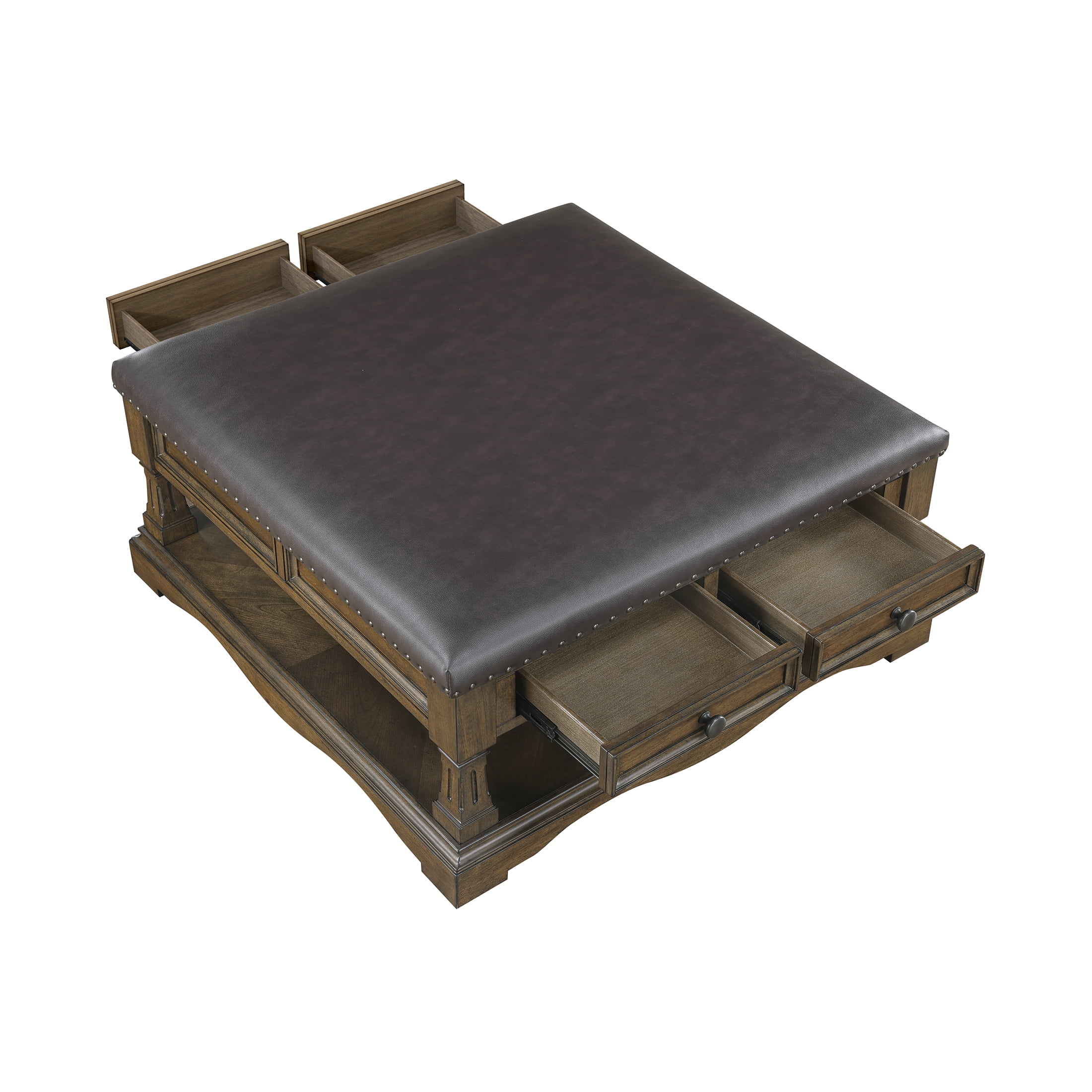 OakvillePark Soren Wooden Coffee Table with 4 Drawers, Faux Leather Upholstered Top, Casters, Dark Brown