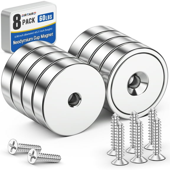 Grtard 8 Pack Neodymium Cup Magnets, 60LBS Holding Force Strong Rare Earth Magnets with Heavy Duty Countersunk Hole and Stainless Screws for Refrigerator,Office and Garage