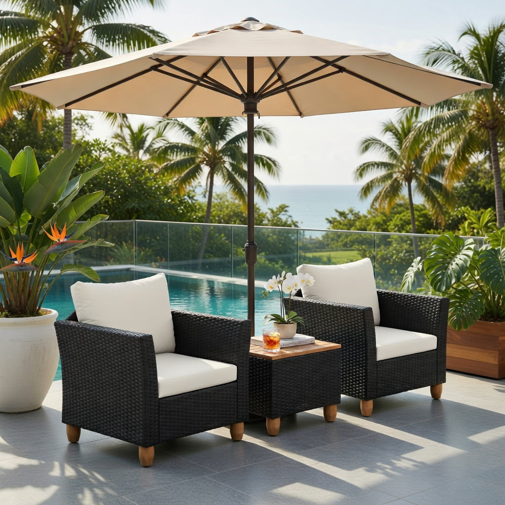Hommoo 3-Piece Outdoor Rattan Patio Furniture Set with Acacia Wood Coffee Table, White