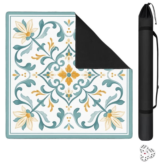 Teal Gold Floral Medallion Mahjong Mat 31.5x31.5 Inch | Non-Slip And Noise Reduction Mah Jong Table Mat Cover with Carrying Bag For Mahjong Lovers, Poker, Board Games And Dominoes