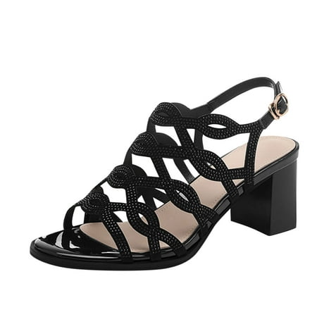 

GNEIKDEING Spring And Summer Thick Heel Women Sandals Midlle Heel Rhinestone Hollow Buckle Casual Style Gift on Clearance