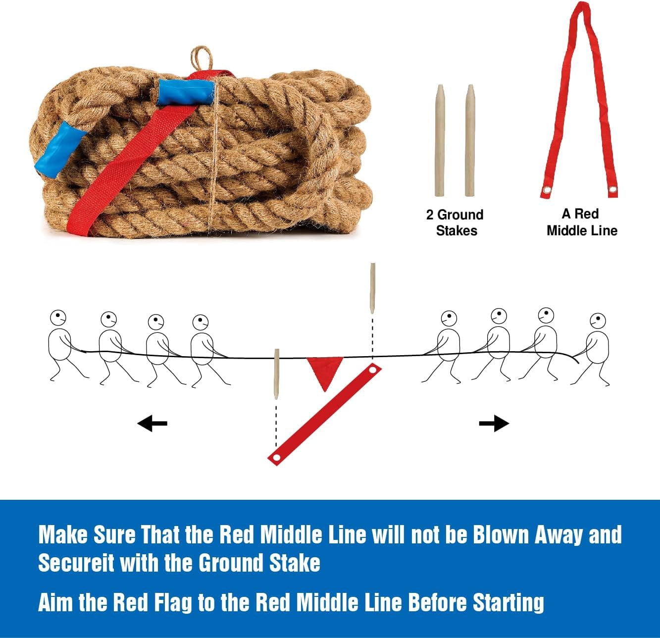 50 FT Tug of War Rope Set for Kids - Soft Natural Jute Fiber Rope with Red Flag for Field Day,Birthday/Holiday Party Game,Camping/Backyard Outdoor Games & Team Activities