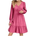 thumbnail image 2 of Up to 30% off Summer Womens Dresses,Women Summer V-neck Loose Solid Color Pleated Casual High Waisted Lace Long Sleeved Dress(Hot Pink,S), 2 of 6