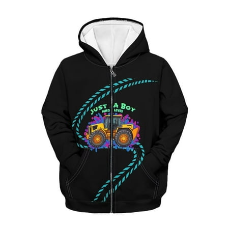 Chaqlin Bulldozer Blue Design Comfy Hooded Sweatshirt for Girls Long Sleeve with Pockets Trendy Casual Loose Fall Top Size 10-12