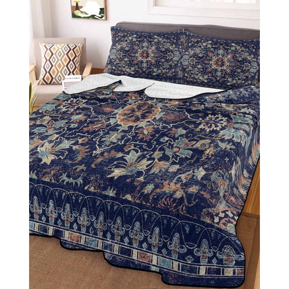 Navy Blue Boho King Size Down Alternative Comforter, Lightweight Comforter Quilt Bedding Set with Pillow Shams Abstract Art Ethnic Vintage Geometric All Seasons Bed Comforter Duvet Insert 96"x106"
