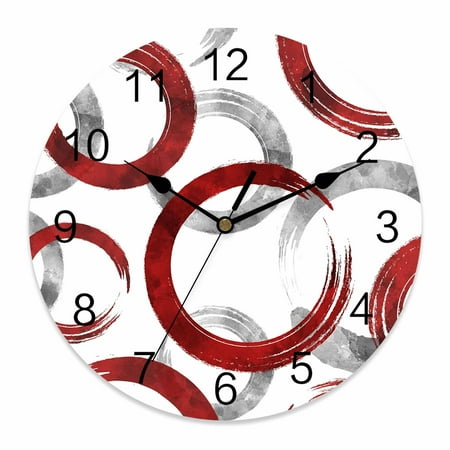 Wall Clock Red Circles Clocks PVC Silent Non-Ticking Battery Operated Decorative Geometric Abstract Twisted Lines Round Clock for Home Living Room Kitchen Bedroom Office School Wall Decor 10 Inch