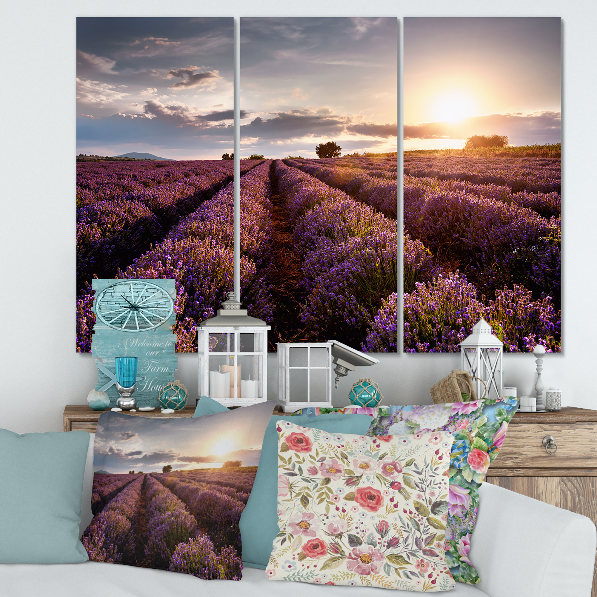 Dramatic Clouds and Sunrise Over Lavender Field V 28 in x 36 in Photography Canvas Art Print, by Designart