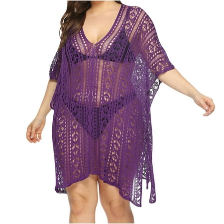 AKAFMK Cover Ups for Swimwear Women Plus Size Women s Swimsuit Crochet Hollow Out Short Sleeve Beach Bikini Swimsuit Mesh Cover Up Beach Dress
