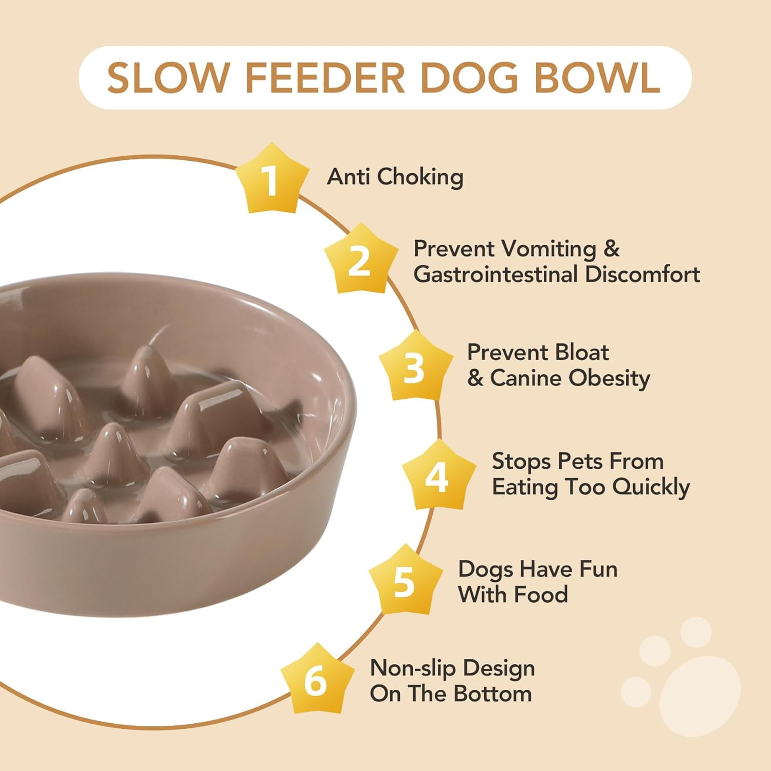 Ceramic 1.2 Cup Raised Slow Feeder Dog Bowl Set, Elevated 6.1inch Bowl and 7.3inch Puzzle Slow Food Dish with Wooden Stand for Medium and Small Dog, Anti-Gulping (2 x Brown Coffee+ Stand)
