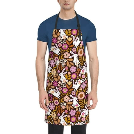 

Xecao Flower Bunny Print Kitchen Cooking Aprons Waterproof Adjustable Bib Aprons with 2 Pockets for Women Men Chef