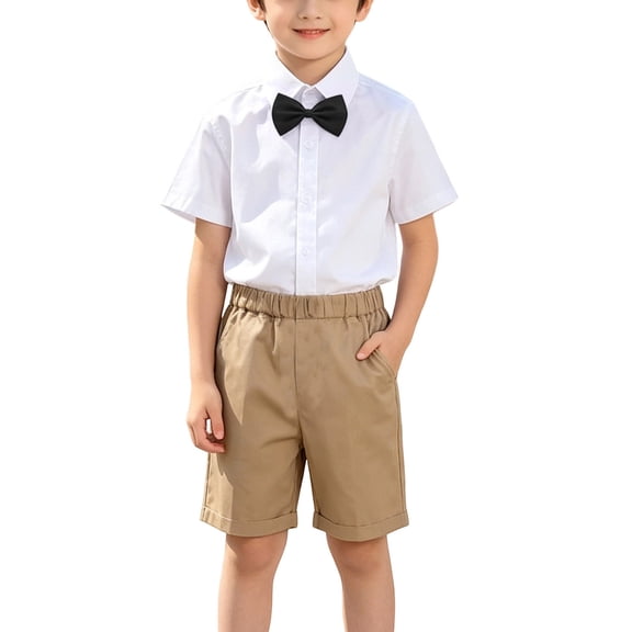 BRGZLK Back to School Outfits Boys 2026 Summer Trendy Short Sleeve Button Up Shirts and Shorts with Bow Tie Sets Kids School Uniform Khaki 4-5 Years