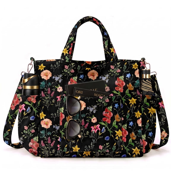 Gocvo Corduroy Tote Bag, Large Tote Bags for Women, Crossbody Shoulder Handbags for Work Travel(Black Retro Flower)