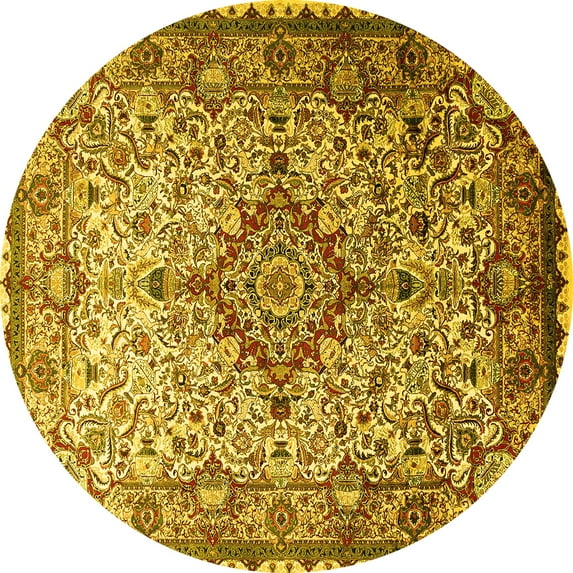 Ahgly Company Machine Washable Indoor Round Medallion Yellow Traditional Area Rugs, 6' Round
