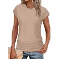 thumbnail image 1 of T-shirts d'Été pour Femmes Froncés à Manches Courtes Style Cap, T-Shirts, Col Rond, Mode, Kaki, M, 1 of 7