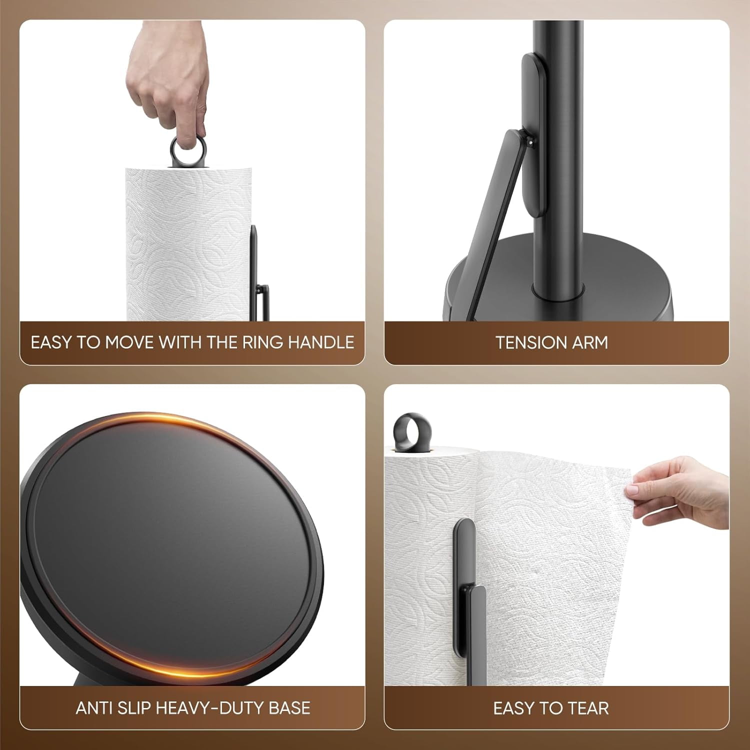 Heavy-Duty Stainless Steel Paper Towel Holder with Tension Arm – Easy One-Handed Tear, Modern Standing Countertop Dispenser for Kitchen, Holds All Paper Towel Rolls (1, Black)