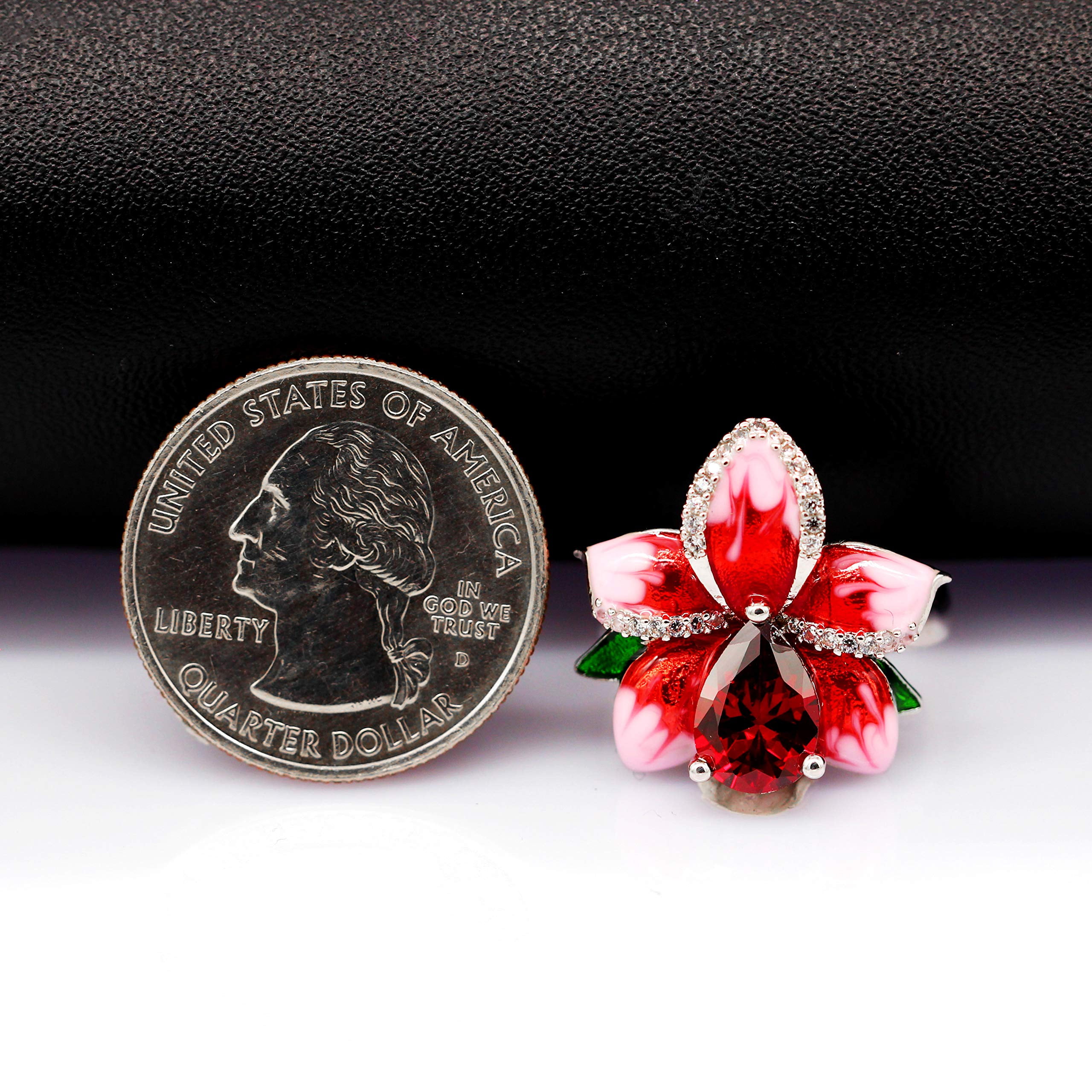 Uloveido Big Crystal Blooming Rose Flower Statement Ring Red