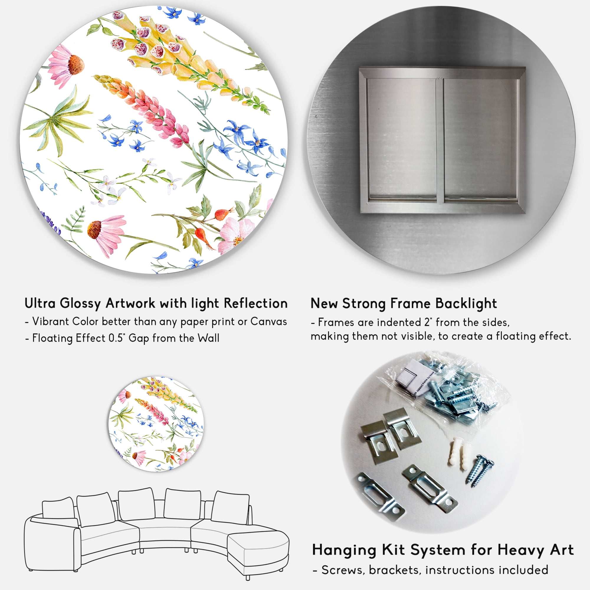 Designart 'Vibrant Summer Wildflowers On White I' Traditional Circle Metal Wall Art 11x11 - Disc of 11
