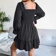 thumbnail image 4 of safuny Women's Mini Chiffon A Line Dress Solid Fashion Elastic Ruffle Hem Holiday Retro Long Sleeve Spring Autumn Dress Square Neck Black S, 4 of 5