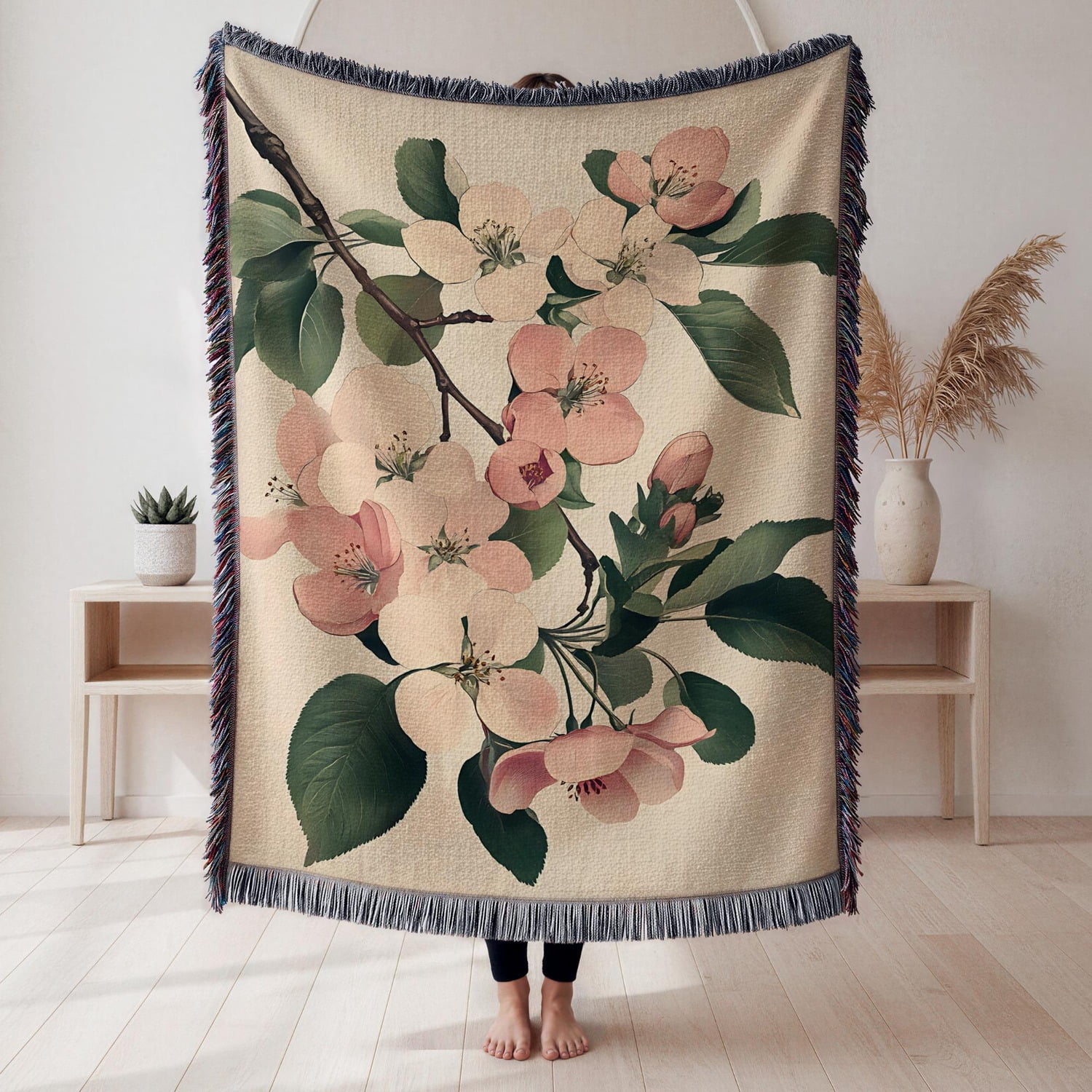 Vintage Boho Peach Blossoms Woven Throw Blanket Cotton with Fringed Edges for Bed Accent