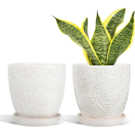 EFISPSS 6 Inch White Crackle Glaze Ceramic Planter, Value Set of 2 Vintage Farmhouse Flower Pots with Saucers