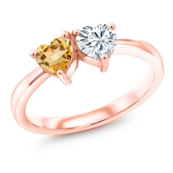 Gem Stone King 18K Rose Gold Plated Silver Fashion Right-Hand Ring Set with Heart Shape Yellow Citrine and Moissanite (0.96 Cttw, Size 6)