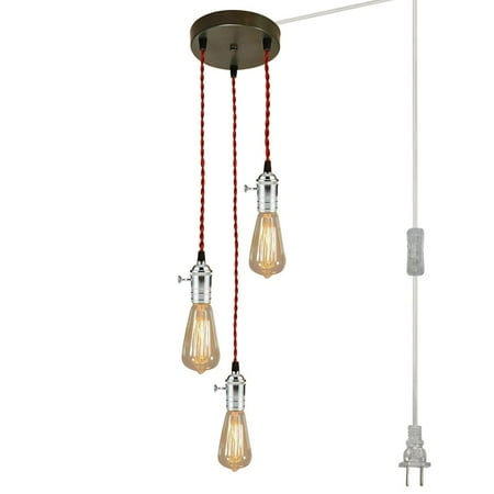

FSLiving 3-Lights Swag Pendant Light with 15ft Plug-in UL ON/Off Switch Cord Iron Industrial Pendant Lighting Decorated Hanging Ceiling Light Corner Hanging for Dining Room Bedroom - Chrome