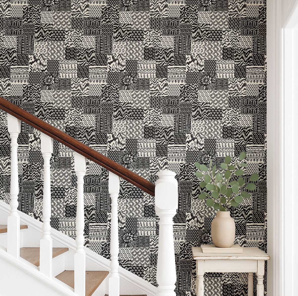 S4Sassy Modern Patchwork Ikat Wallpaper - Black Wall Covering, 25" x 360" Self-Adhesive Textured Vinyl Wall Paper, Decorative Wallwrap, Easy DIY Walls Covering For Bedroom, Cabinets, Living Spaces