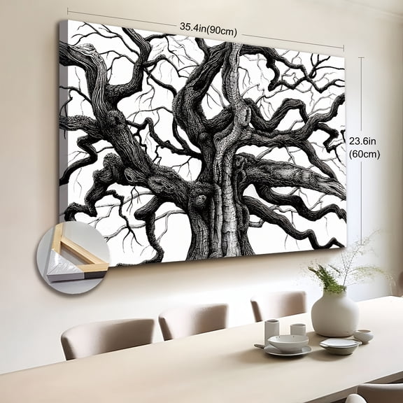 Extra Large Canvas Wall Art Featuring a 2D Flat Design with a Wooden Frame, Showcasing a Big Angel Oak in Black And White.