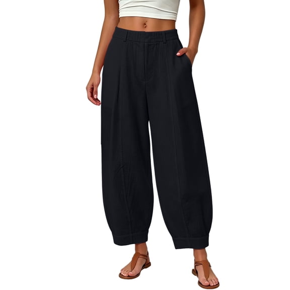 iHPH7 Women's Lantern Barrel Pants High Waisted Cotton Linen Balloon Harem Trousers with Pockets Tapered Hem Casual Summer Boho Beach Lounge Black L