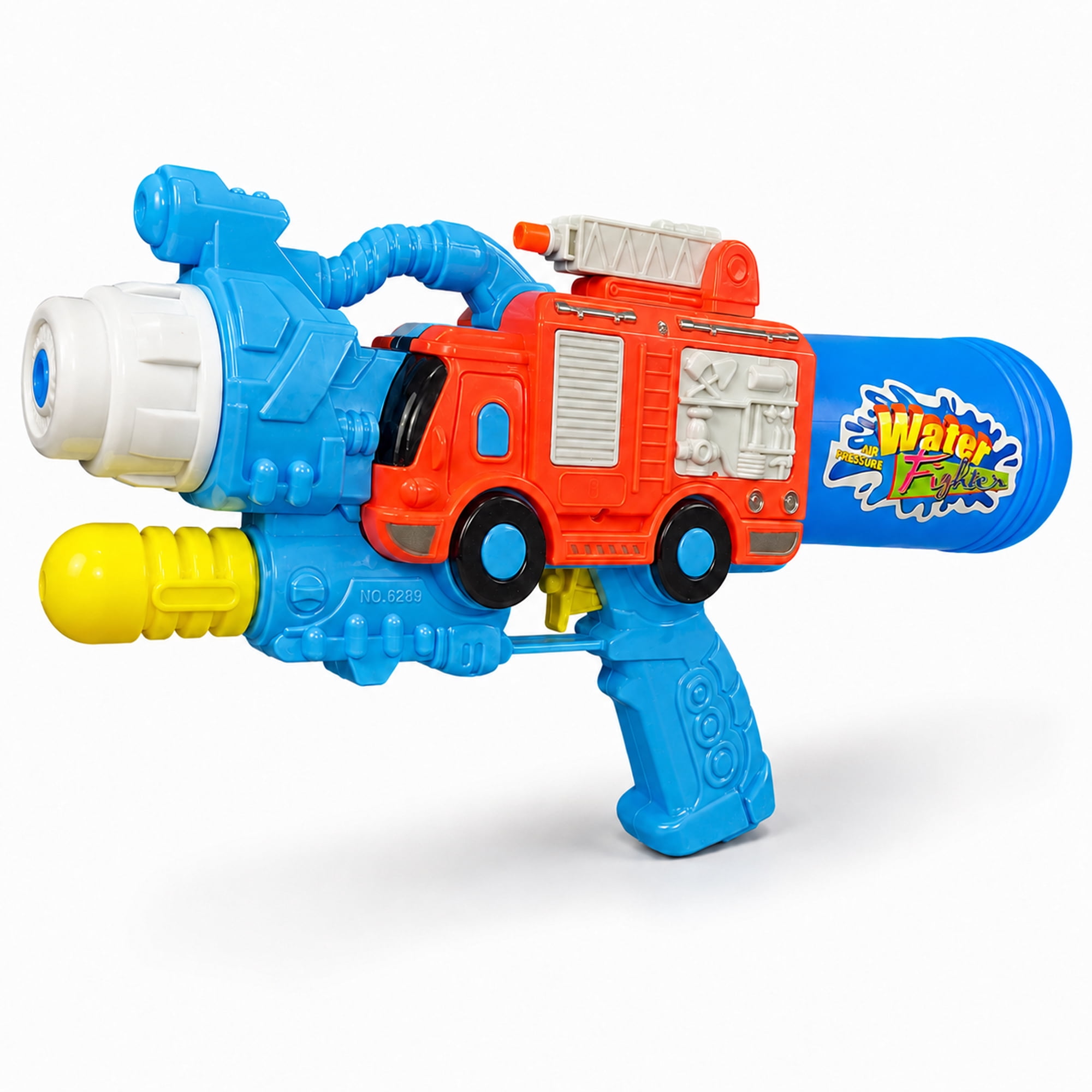 2-Pack Firetruck Water Blaster Outdoor Toys, 15 Inch Pump Action Water Spray Toy Set with Refillable Bottles, Tube Connection and Movable Ladder for Kids Summer Play